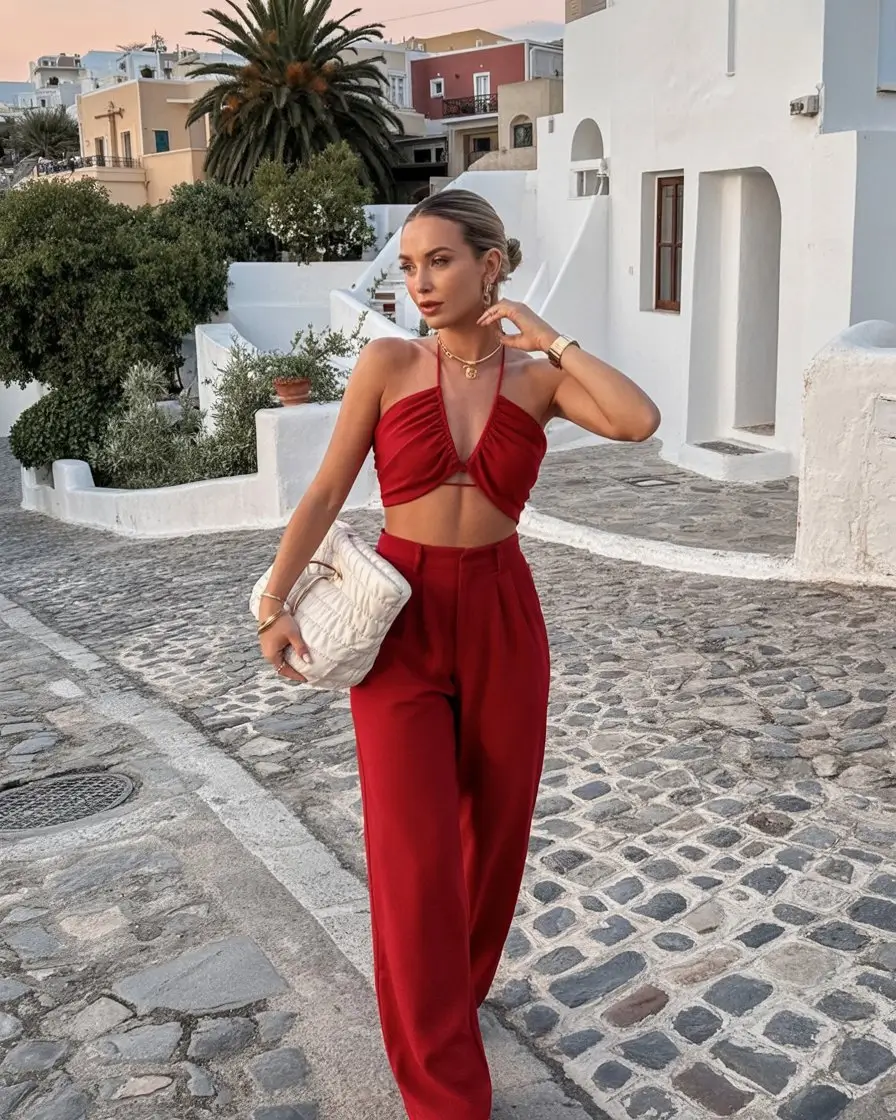 summer sleeveless tops for women 2026 Bold red halter set for statement summer evenings