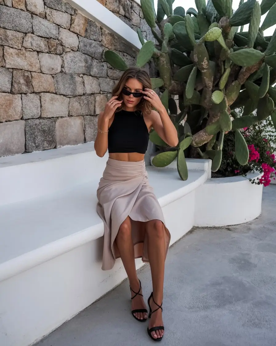 summer sleeveless tops for women 2026 Minimal black crop with soft draped skirt balance