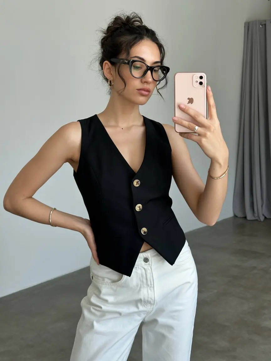 summer sleeveless tops for women 2026 Black tailored vest top with clean minimal lines