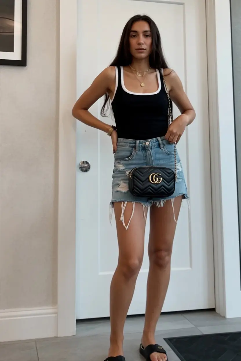 summer sleeveless tops for women 2026 Classic black tank with distressed denim edge