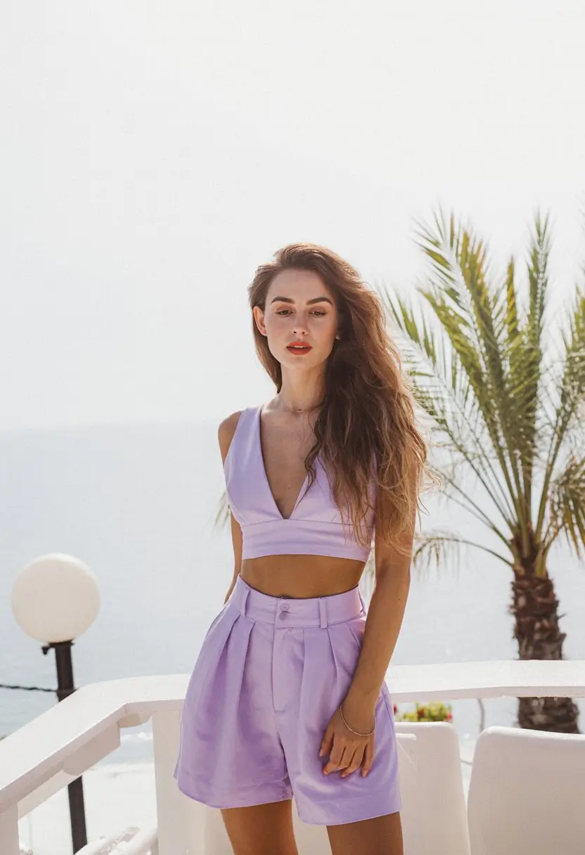 summer sleeveless tops for women 2026 Soft lavender set with feminine summer energy