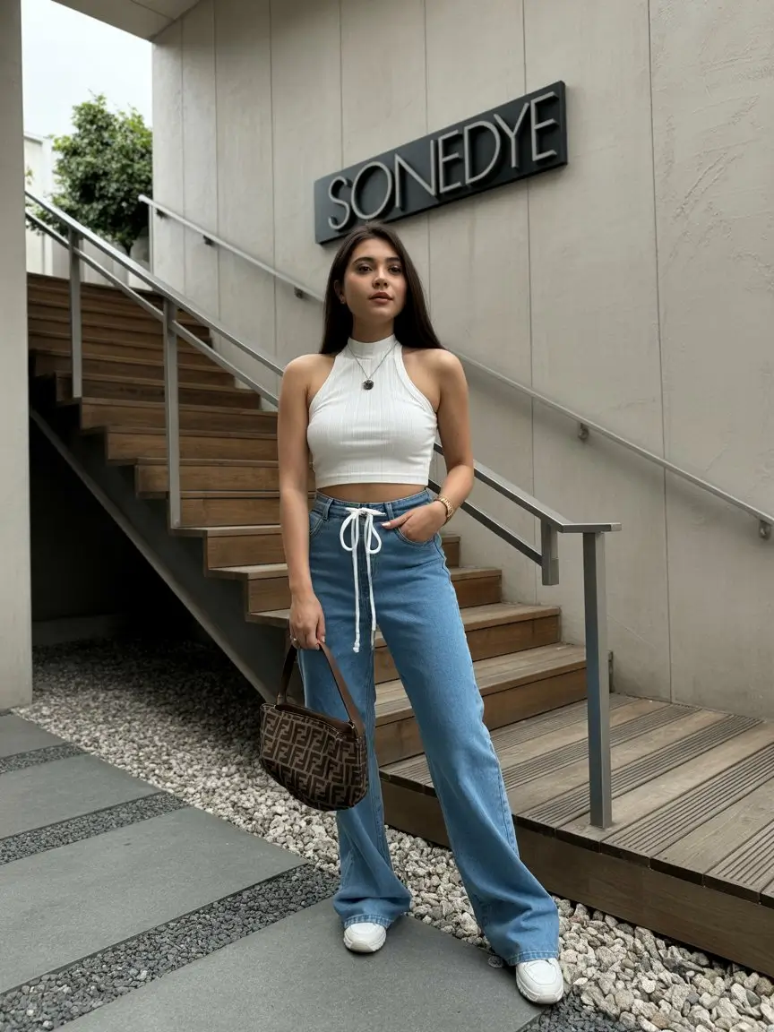 summer sleeveless tops for women 2026 White halter crop with relaxed denim everyday vibe