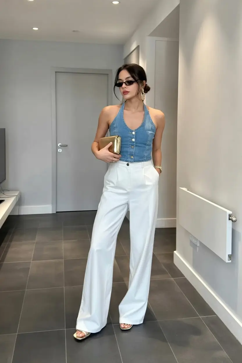 summer sleeveless tops for women 2026 Tailored halter denim with polished trousers