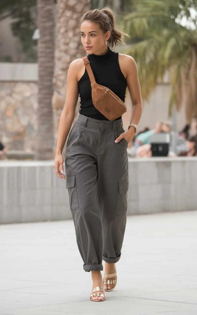 summer sleeveless tops for women 2026 Sporty black tank with relaxed utility energy