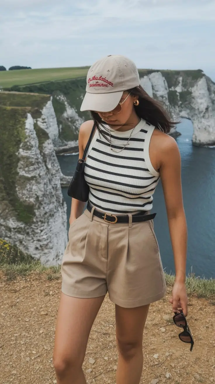 summer sleeveless tops for women 2026 Striped tank and tailored shorts for a coastal day