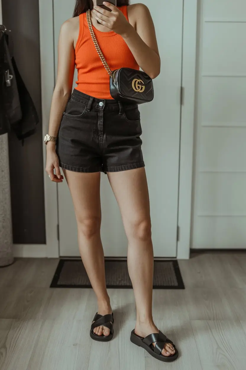 summer sleeveless tops for women 2026 Bright orange tank with dark denim attitude