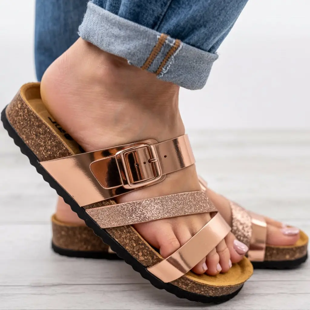 summer slides for women 2026 Metallic Accent Slides with Modern Luxe Finish