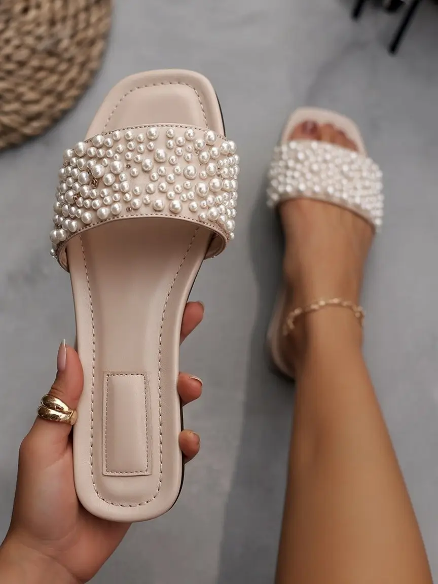 summer slides for women 2026 Pearl Embellished Slides with Soft Feminine Glow