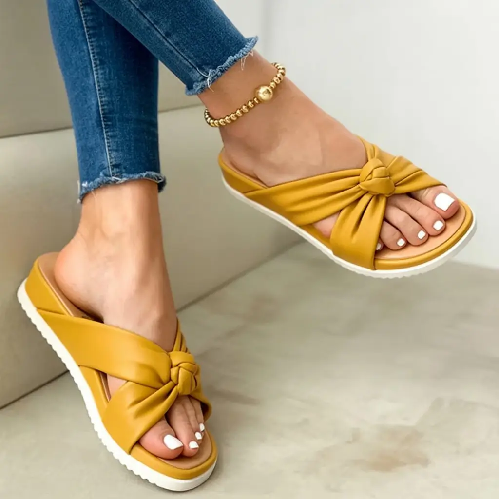 summer slides for women 2026 Soft Yellow Slides with Playful Knot Detail