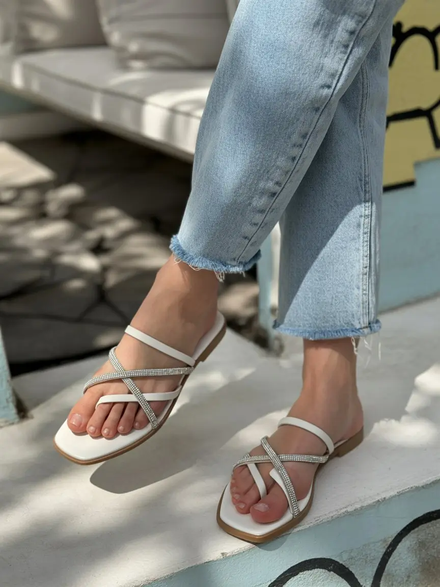 summer slides for women 2026 Minimal White Slides with Delicate Crystal Strap Detail