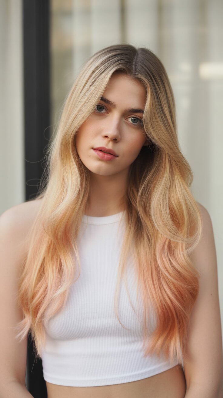 summer strawberry blonde hair color for women 2026 Soft Blonde Melt with Strawberry Peach Ends