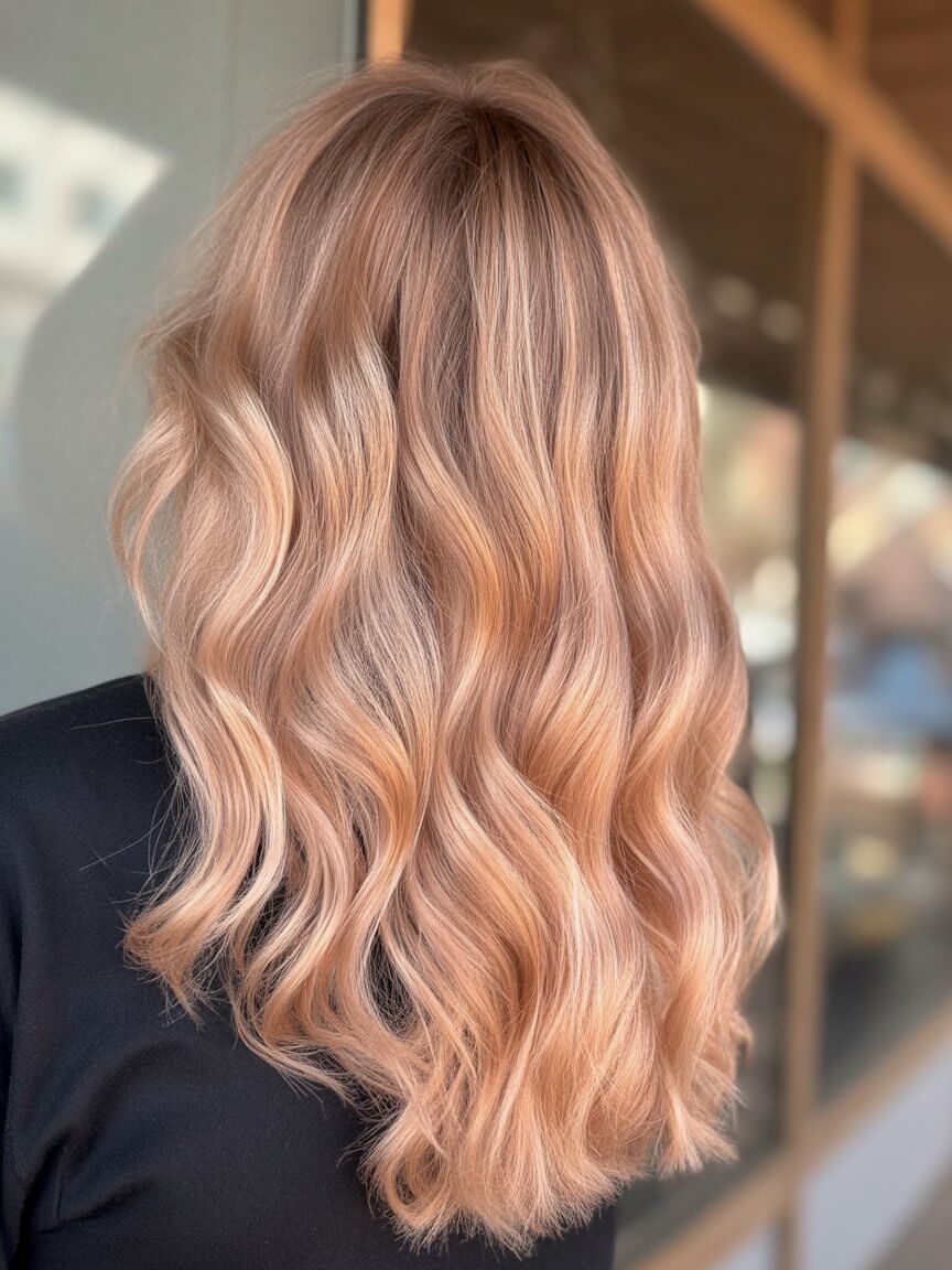 summer strawberry blonde hair color for women 2026 Muted Peach Strawberry Blonde with Seamless Dimension