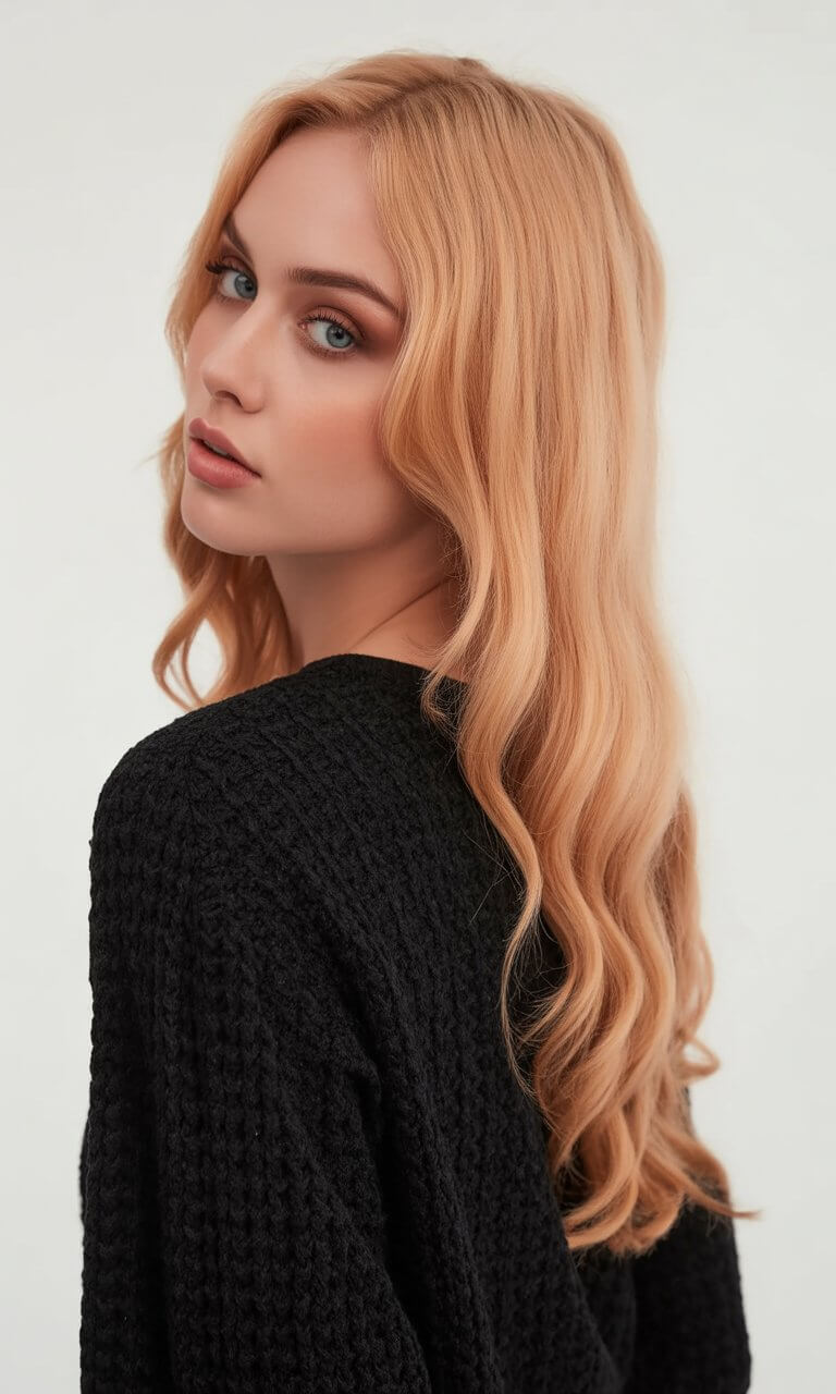 summer strawberry blonde hair color for women 2026 Soft Peach Blonde with Seamless Length