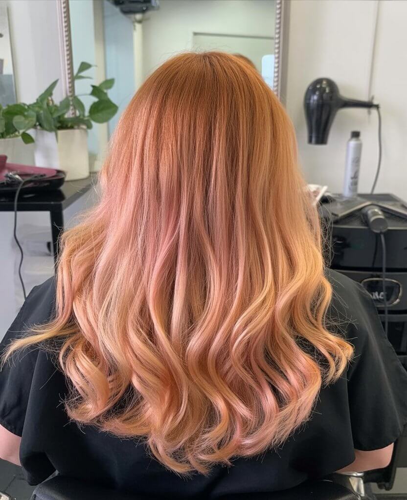 summer strawberry blonde hair color for women 2026 Layered Strawberry Blonde Blend with Peachy Rose Dimension