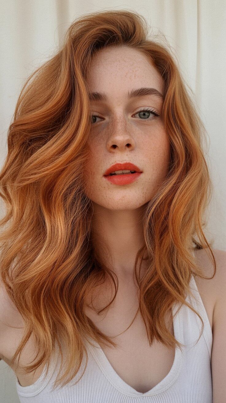 summer strawberry blonde hair color for women 2026 Soft Copper Strawberry Layers with Freckled Glow