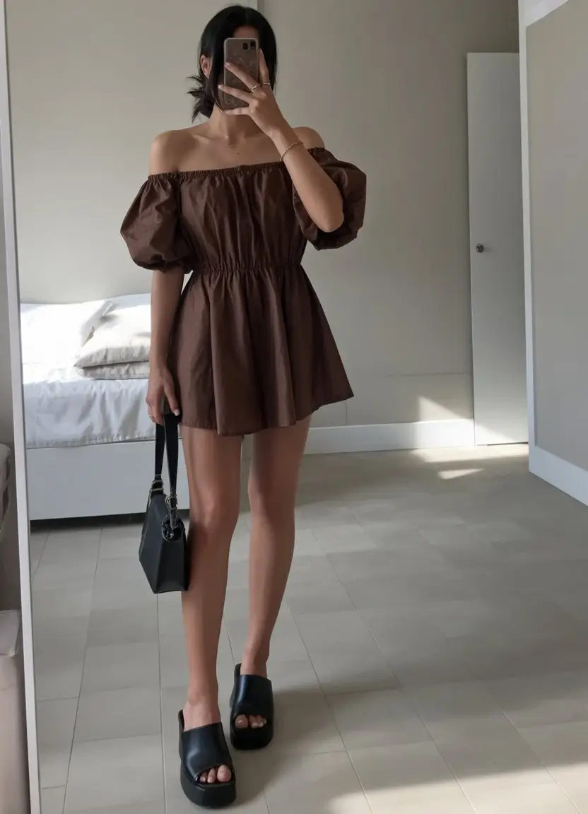 summer sundresses for women 2026 Chocolate off shoulder mini with bold modern attitude