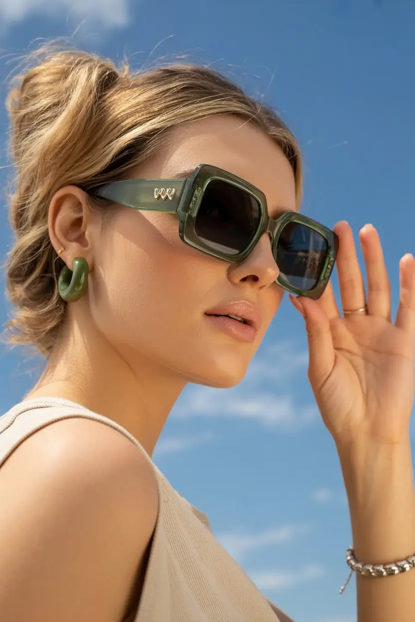 summer sunglasses for women 2026 Chunky green frames bringing a fresh bold twist to summer styling