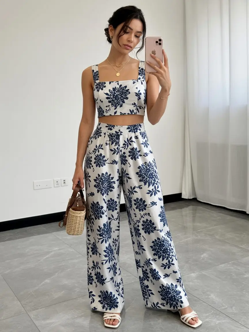 summer vacation resort outfits 2026 Soft coastal set with blue floral print