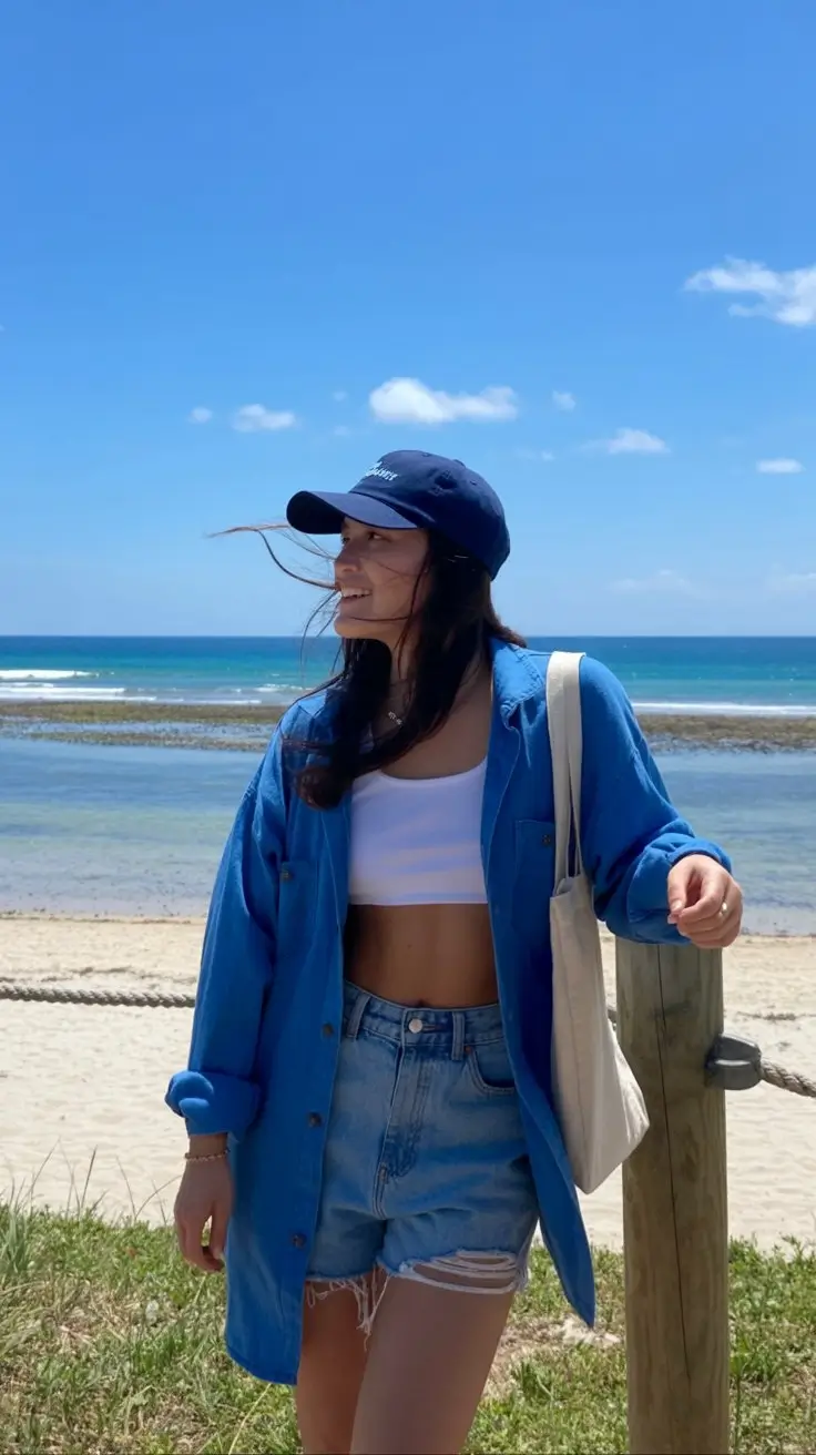 summer vacation resort outfits 2026 Effortless blue shirt layering with denim shorts