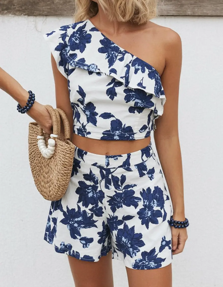 summer vacation resort outfits 2026 Blue floral one shoulder set with soft structure