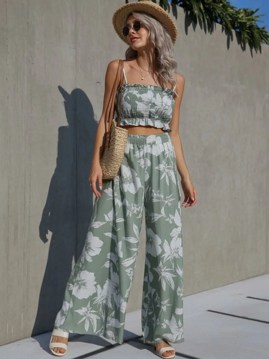 summer vacation resort outfits 2026 Soft green floral set with wide leg pants
