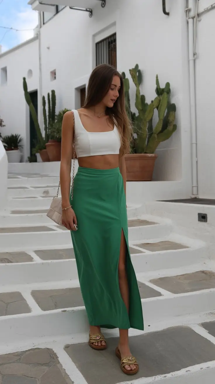 summer vacation resort outfits 2026 Minimal white top with green slit skirt