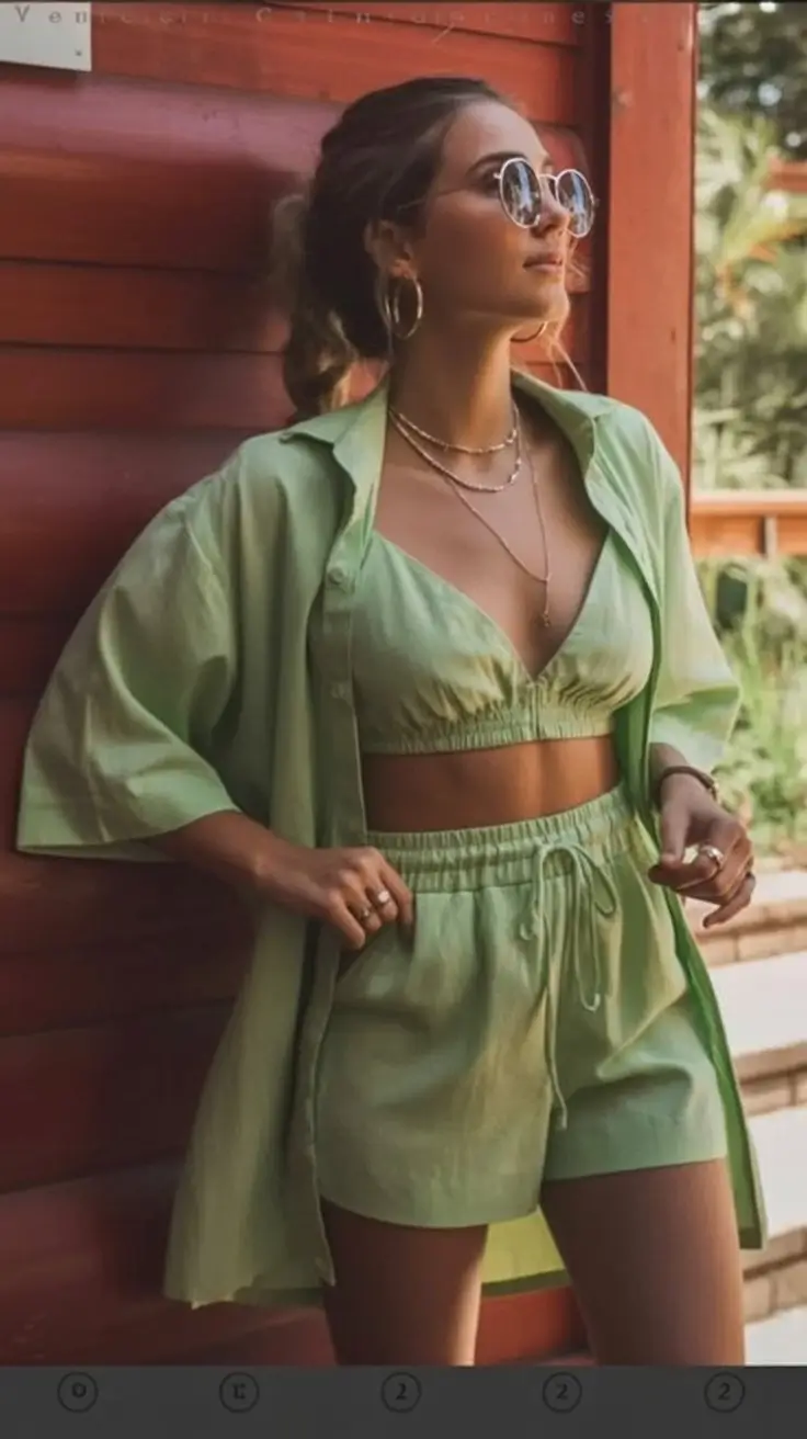 summer vacation resort outfits 2026 Soft green co ord set with relaxed summer vibe