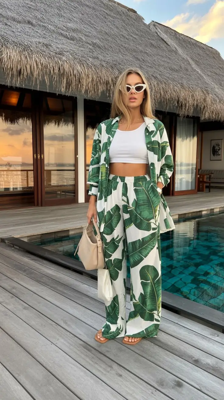 summer vacation resort outfits 2026 Tropical green co ord set with relaxed fit