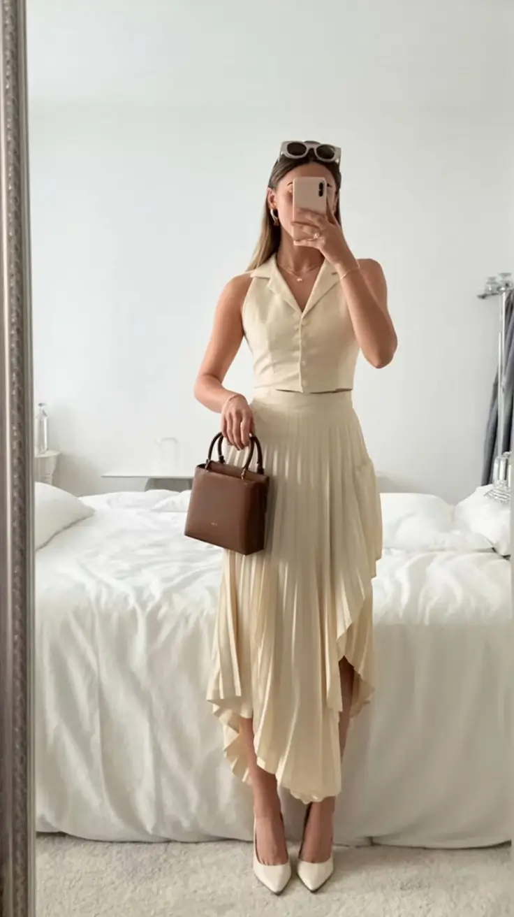 summer work outfits for the office 2026 Soft tailoring in a flowing neutral dress