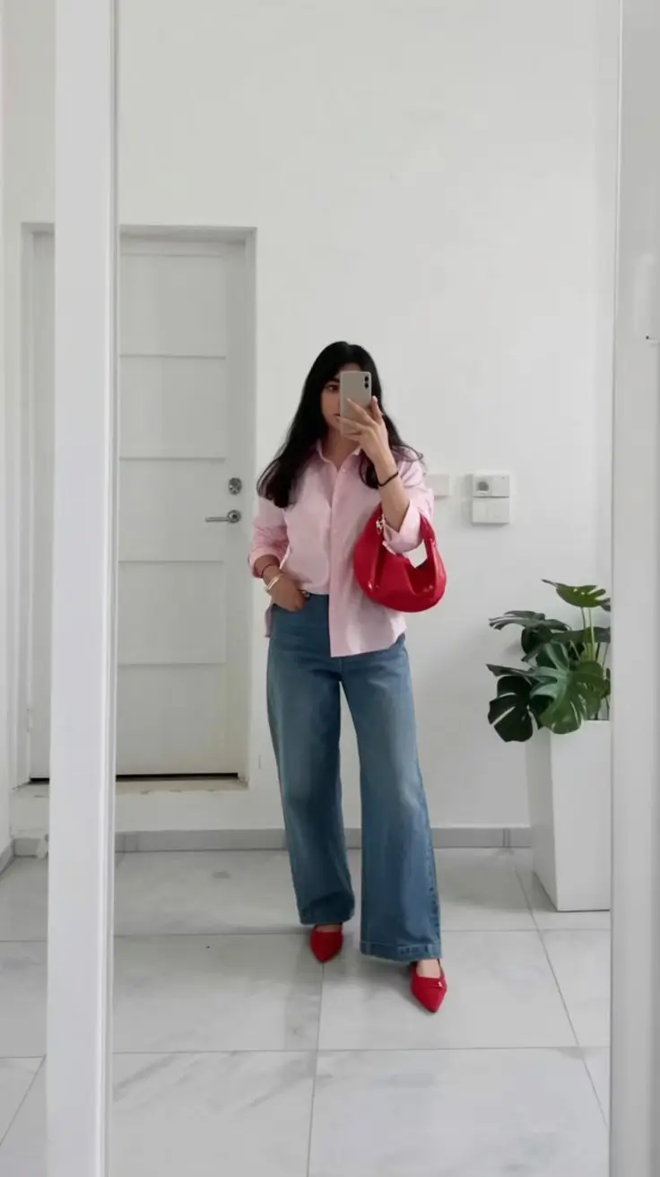 summer work outfits for the office 2026 Relaxed denim and a pop of confident color