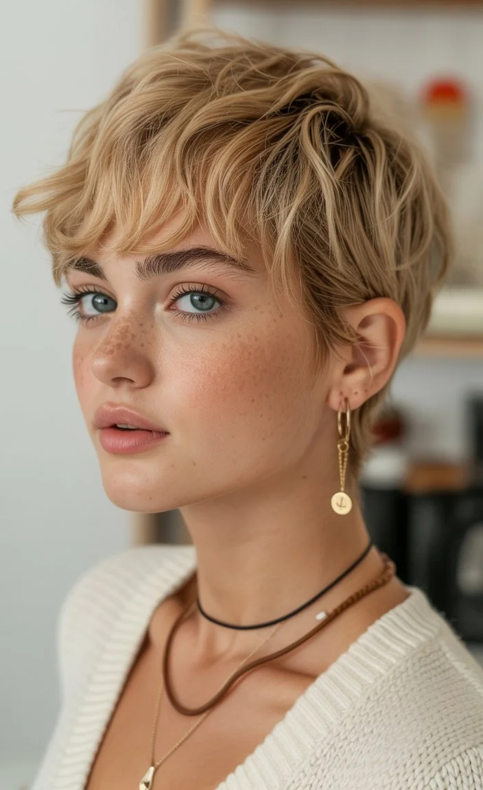 textured summer bixie haircut 2026 Short Blonde Bixie With Playful Fringe