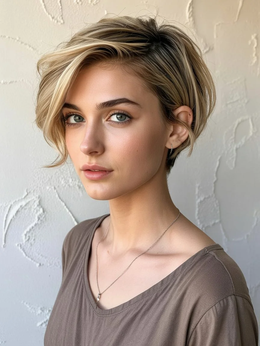 textured summer bixie haircut 2026 Soft Blonde Bixie With Side Swept Elegance