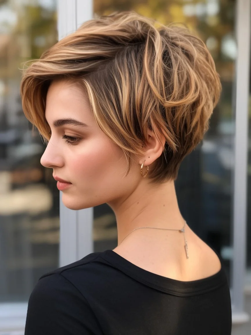 textured summer bixie haircut 2026 Golden Brunette Bixie With Dimensional Layers