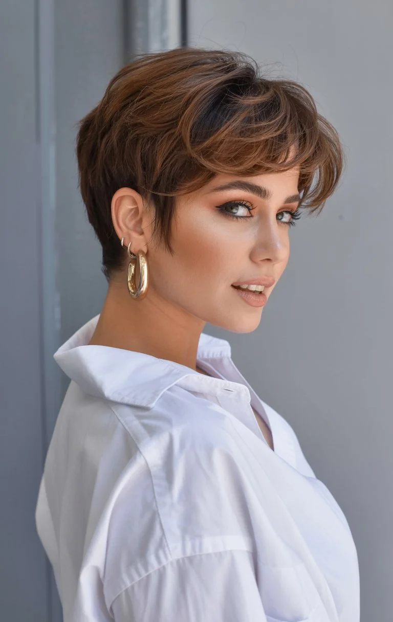 textured summer bixie haircut 2026 Warm Brown Sculpted Bixie With Polished Layers