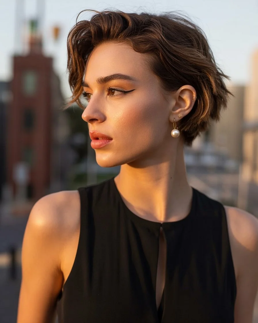textured summer bixie haircut 2026 Sunset Brunette Bixie With Sculpted Volume