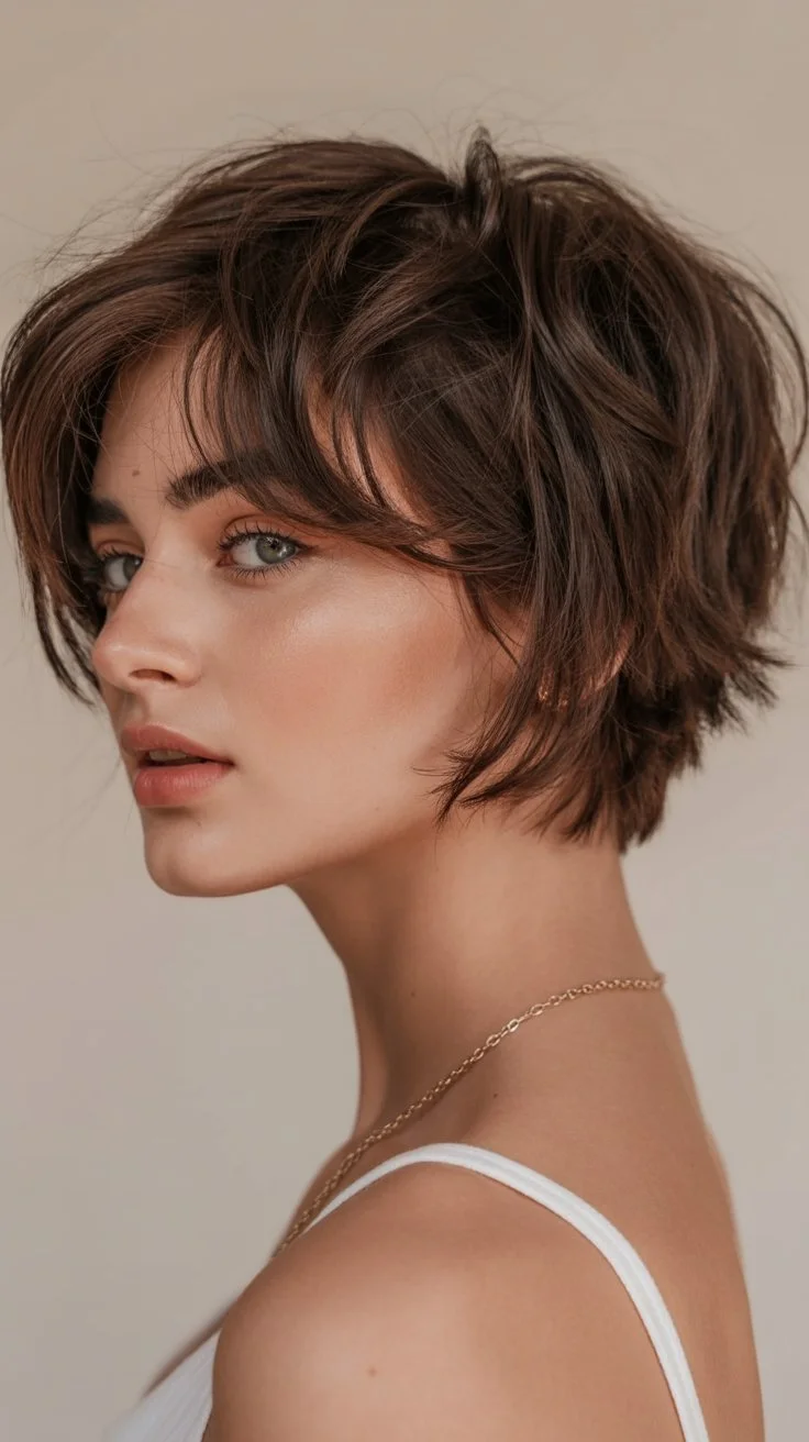textured summer bixie haircut 2026 Soft Layered Brunette Bixie With Natural Airy Texture