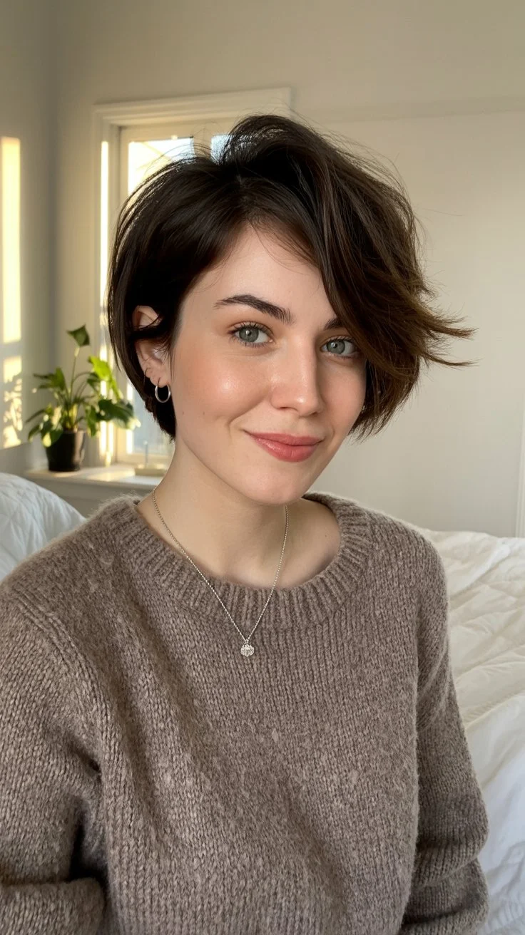 textured summer bixie haircut 2026 Side Swept Brunette Bixie With Effortless Volume