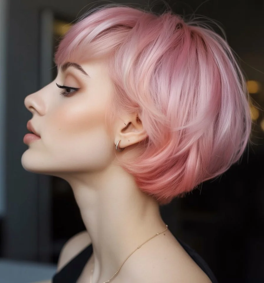 textured summer bixie haircut 2026 Playful Pastel Pink Bixie With Soft Rounded Shape