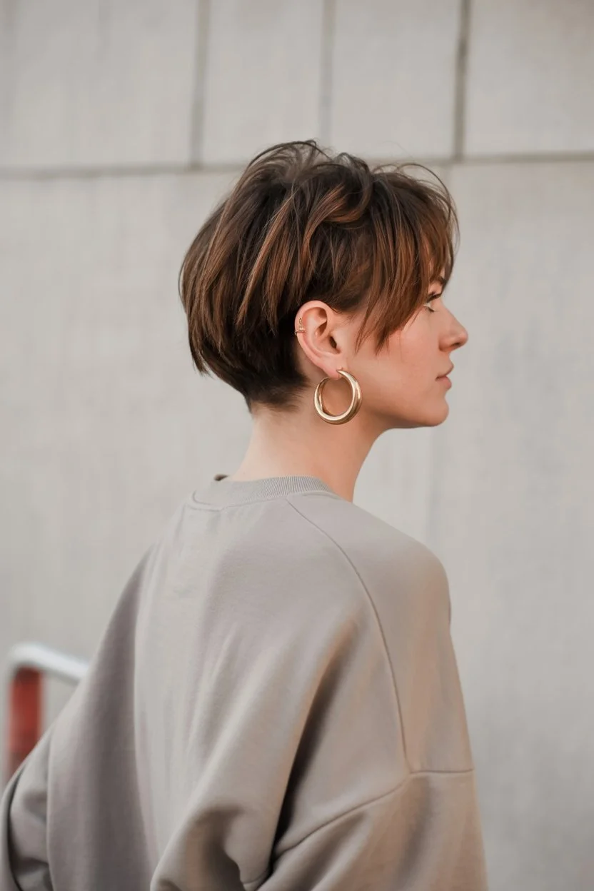 textured summer bixie haircut 2026 Relaxed Brunette Bixie With Tapered Nape