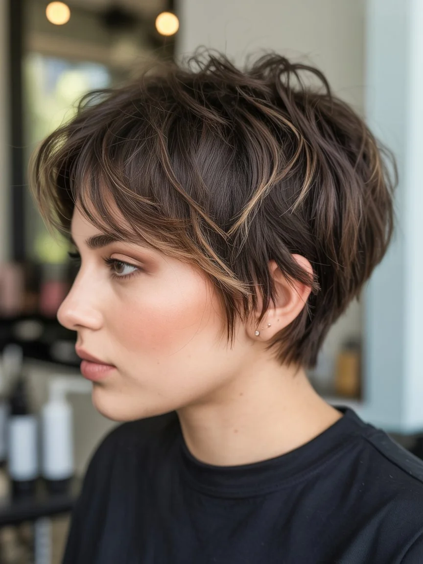 textured summer bixie haircut 2026 Dimensional Brunette Bixie With Highlighted Texture