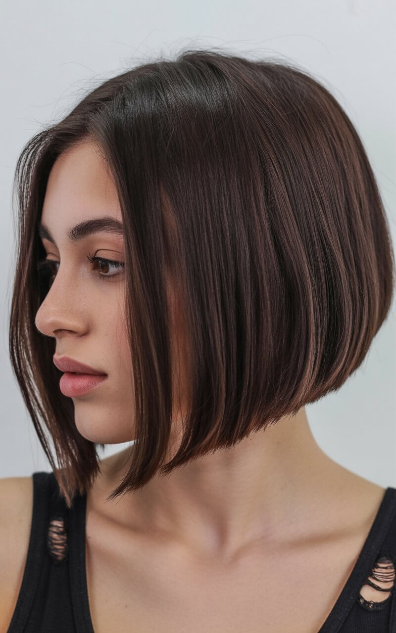 textured summer bob haircut 2026 Sharp angled brown bob with sleek precision