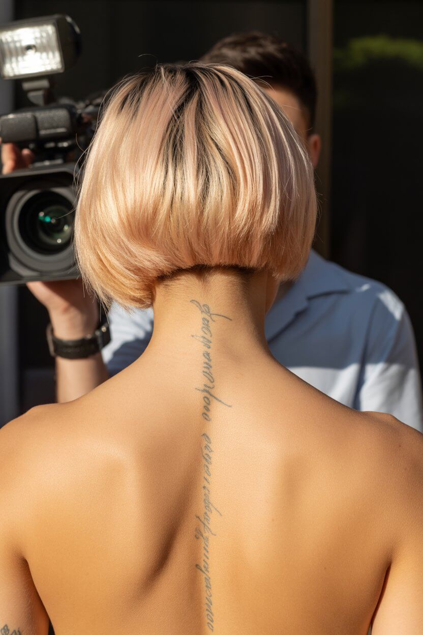 textured summer bob haircut 2026 Rounded blunt bob with soft peach blonde dimension