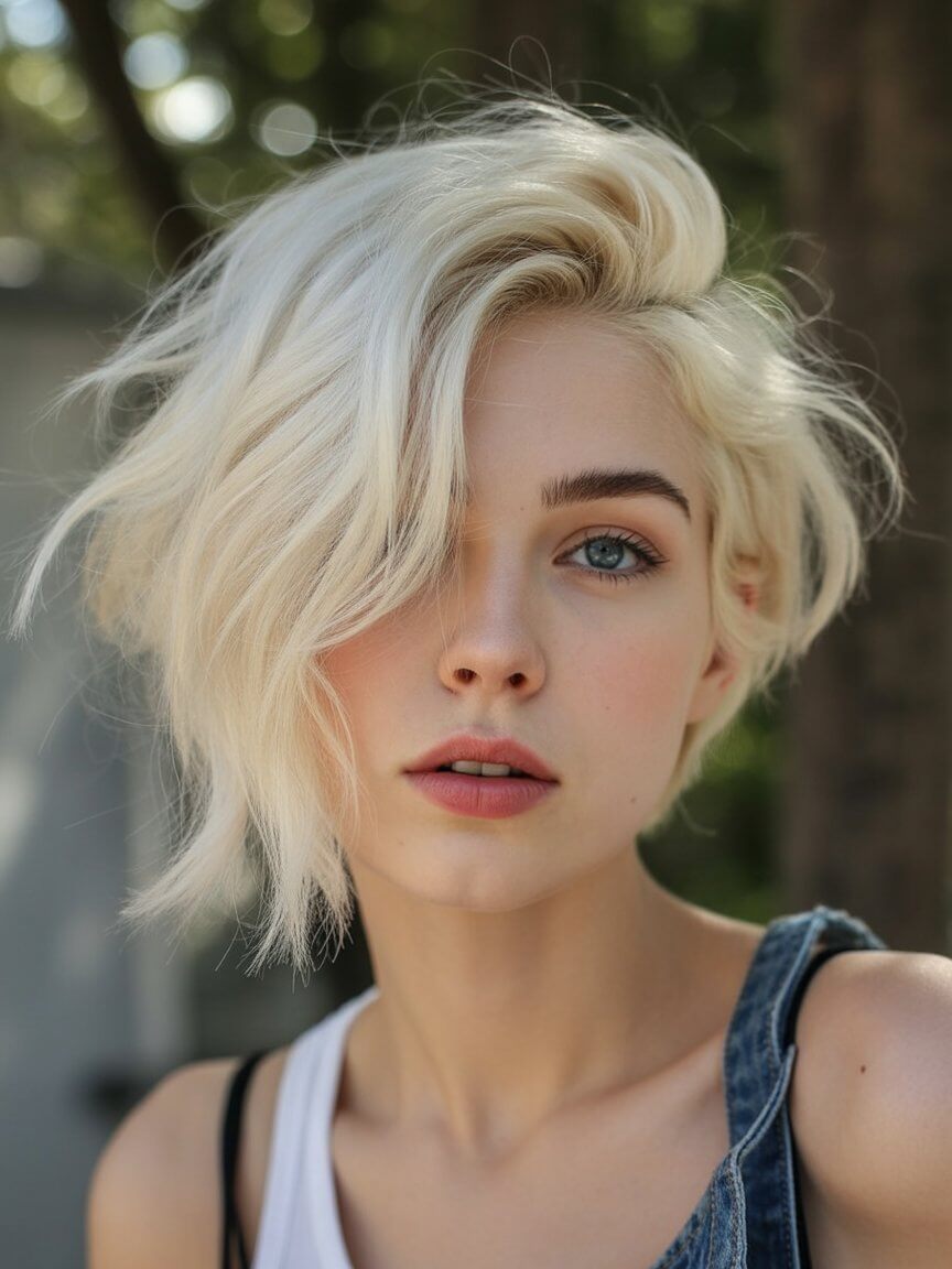 textured summer bob haircut 2026 Messy platinum bob with voluminous side sweep