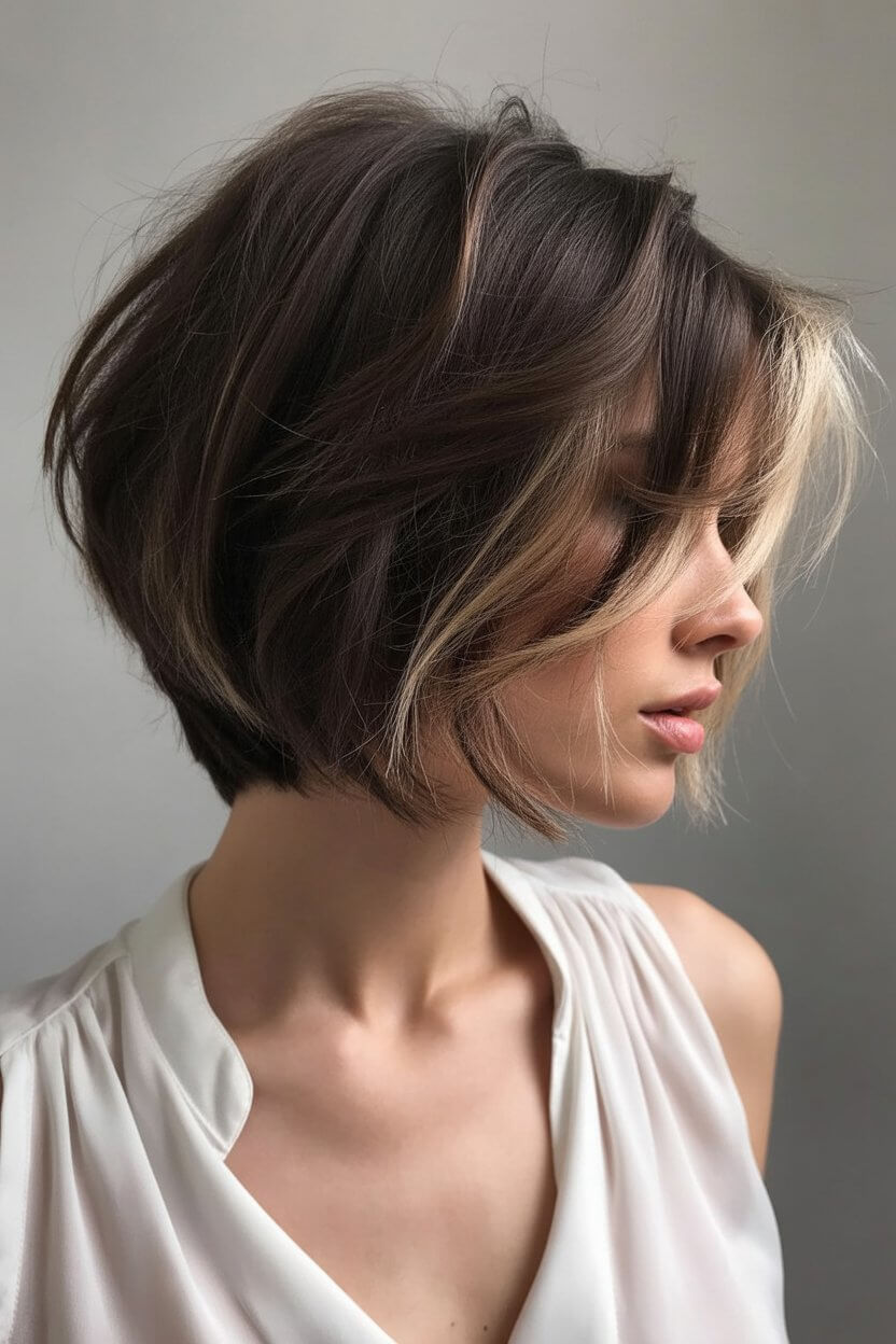 textured summer bob haircut 2026 Soft choppy bob with curtain bangs and airy layers