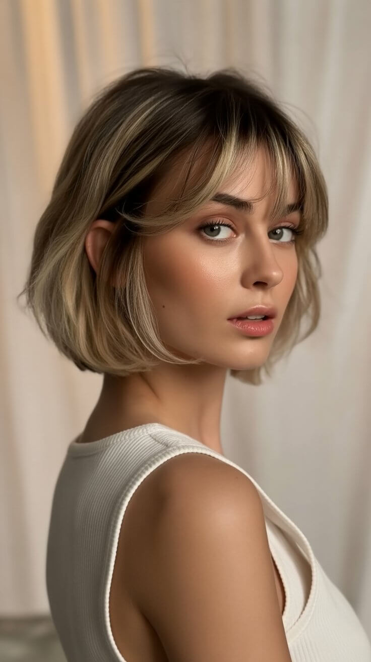 textured summer bob haircut 2026 French inspired textured bob with soft bangs and volume