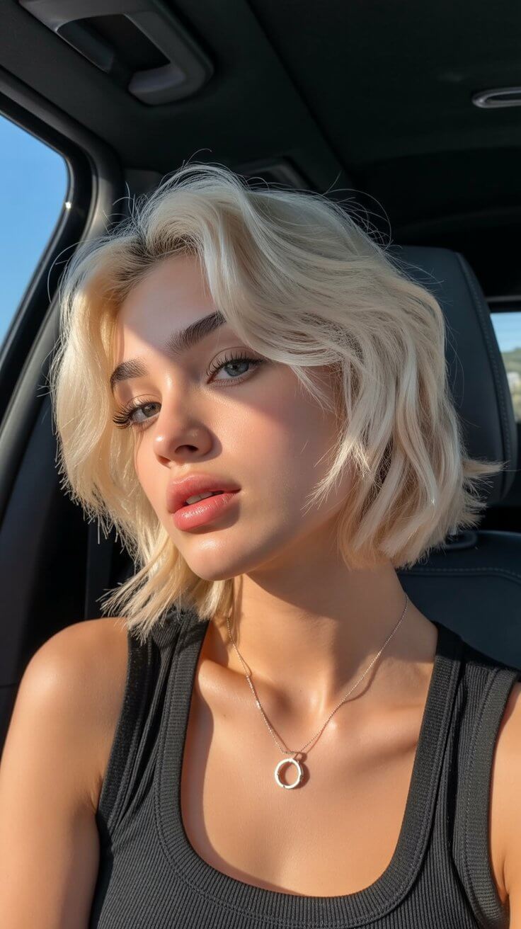 textured summer bob haircut 2026 Airy platinum textured bob with undone summer waves