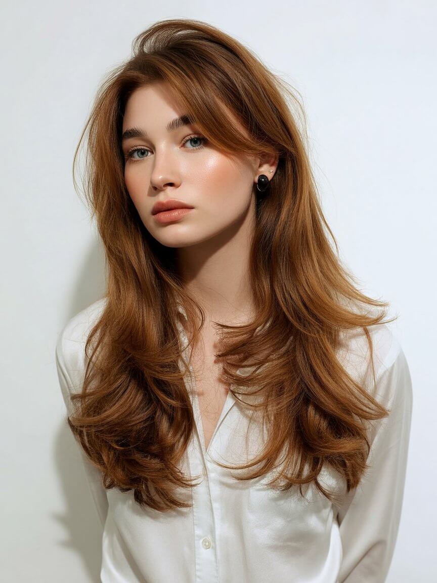trendy summer haircut 2026 soft cascading layers with warm copper glow
