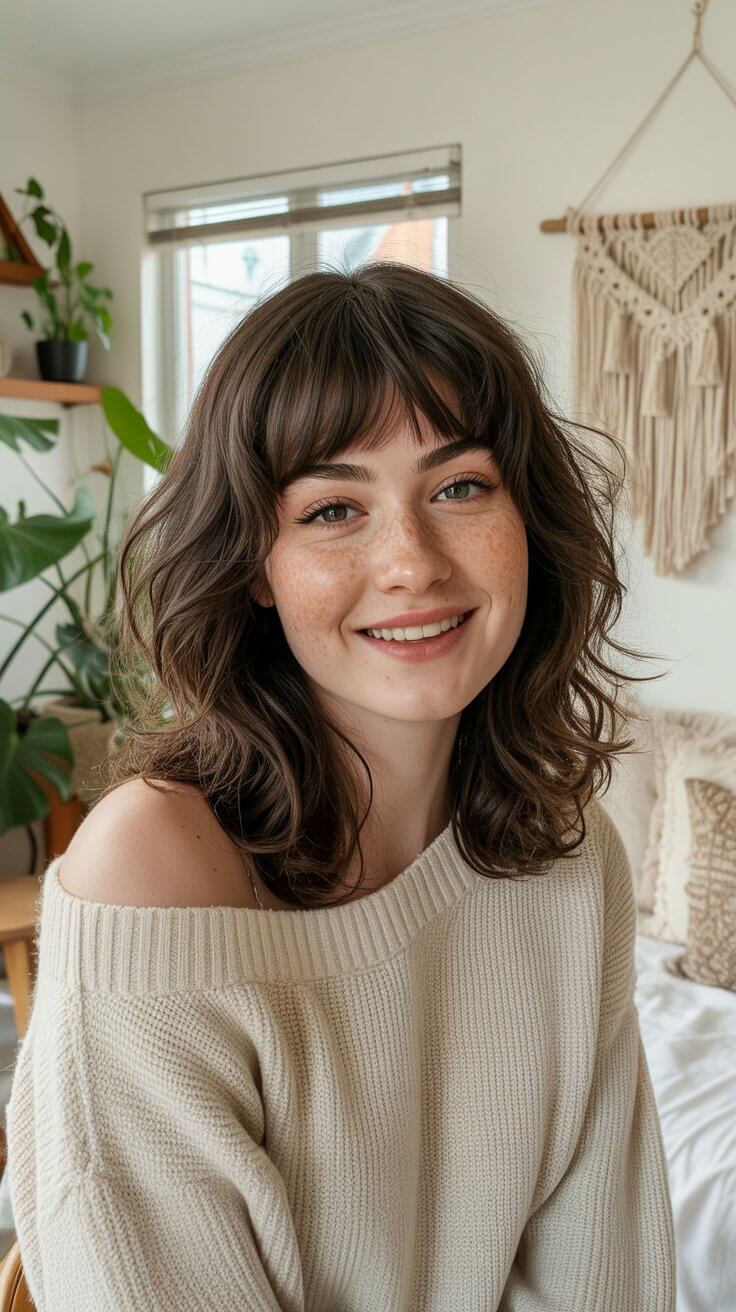 trendy summer haircut 2026 soft wavy brunette bob with playful fringe