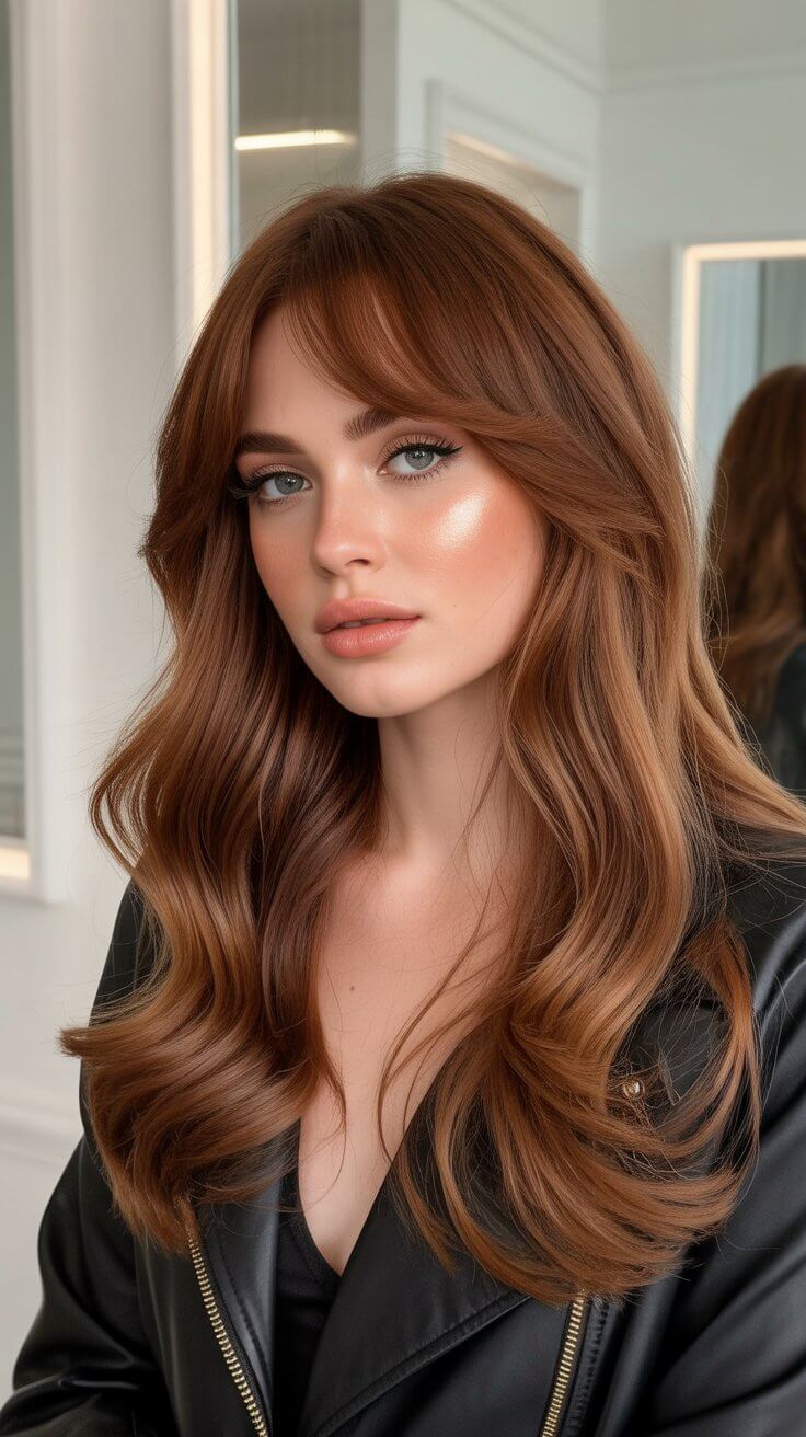 trendy summer haircut 2026 polished long layers with curtain fringe softness