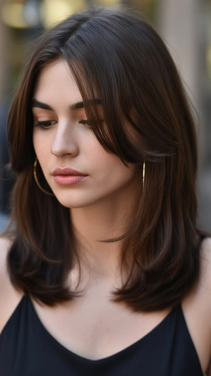 trendy summer haircut 2026 soft brunette mid length cut with face framing layers